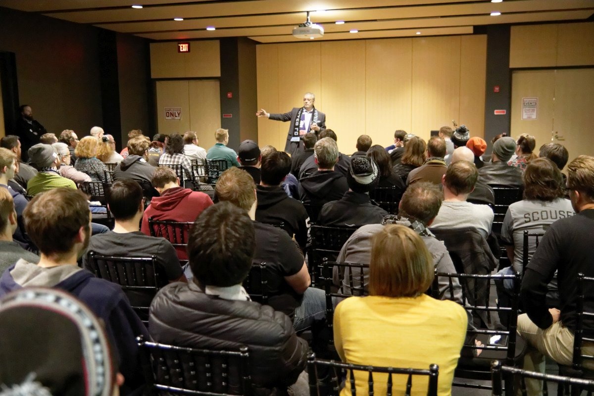 Dr. Bill McGuire addresses the Dark Clouds in 2015. (Photo: Jeremy Olson)