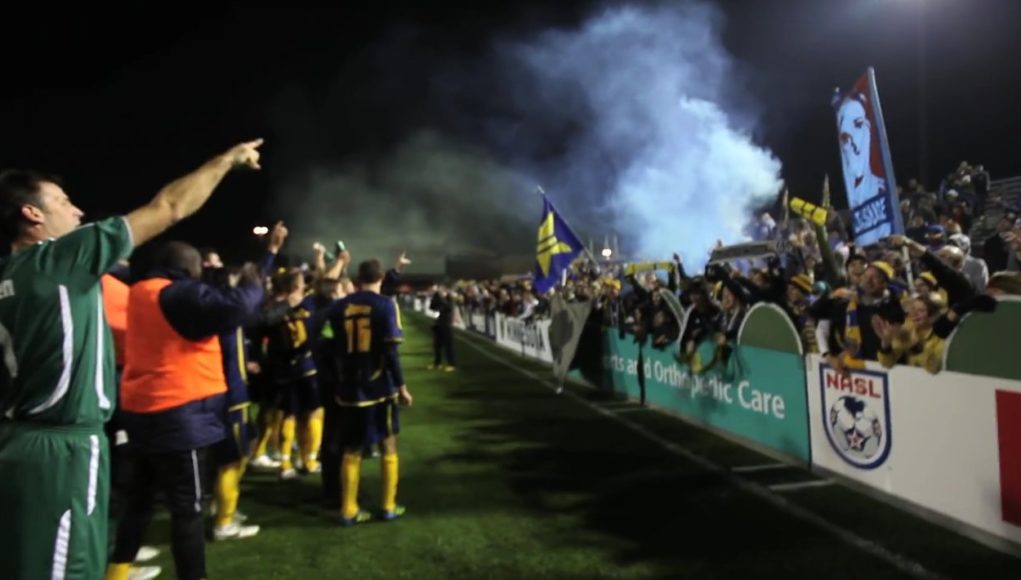 The Stars serenade the Dark Clouds after winning the first leg of the 2011 NASL Championship final. (From a video courtesy NSC Minnesota Stars)